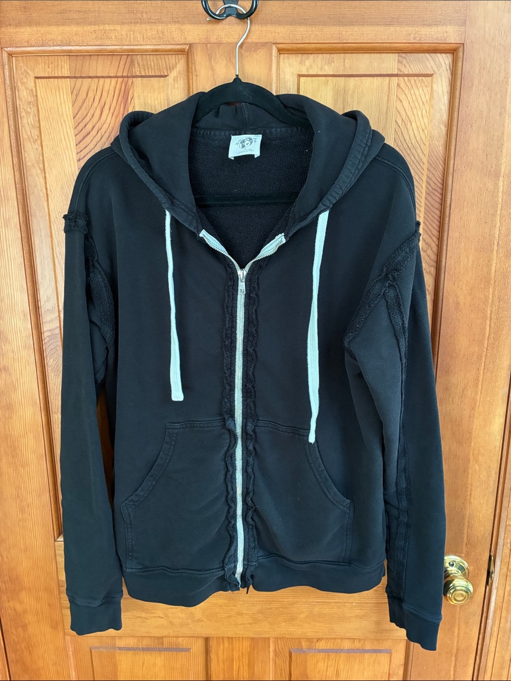 We The Free Black Zip-Up Hoodie Bomber Jacket with Cream Drawstrings